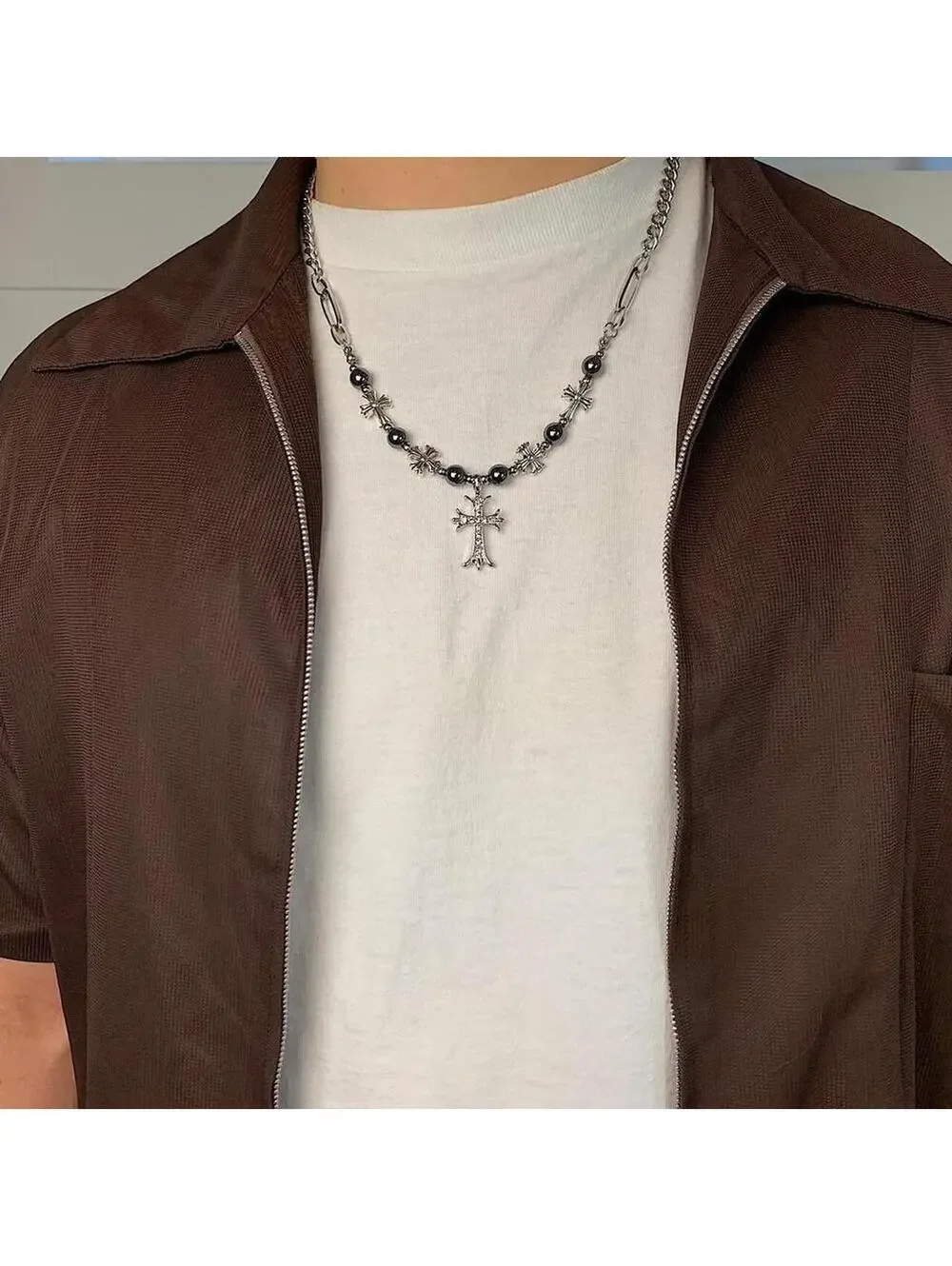 y2k 2000s style grunge chrome pearl rhinestone silver cross pendant Cuban link